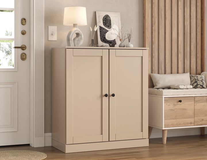 100% Solid Wood Shoe Storage Cabinet with Shaker Doors, Adjustable Shelves, Space Saving Stackable Entryway Organizer, 32" W x 35.75" H