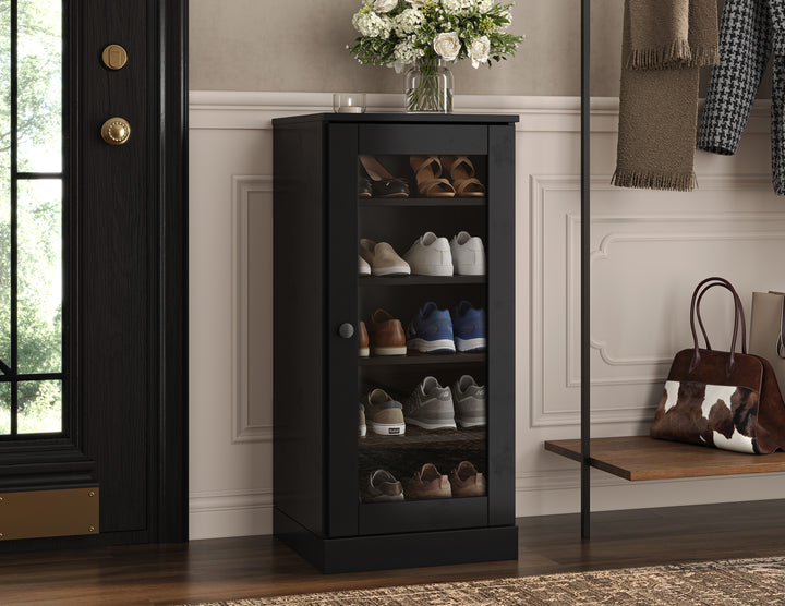100% Solid Wood Narrow Glass Door Shoe Storage Cabinet with Adjustable Shelves, Space Saving Stackable Organizer, 16.5" W x 35.75" H