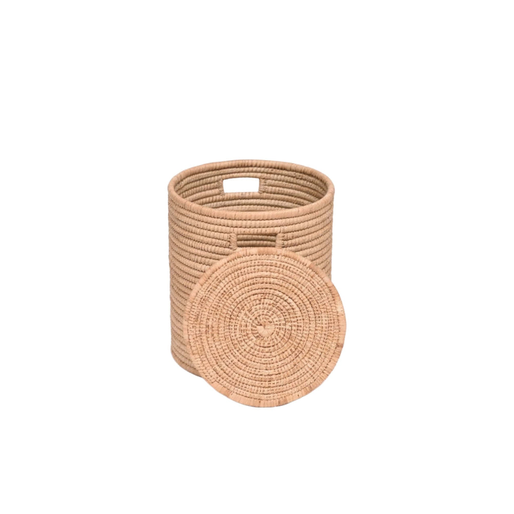 100% Handwoven Natural Rattan 15" Round Basket with Lid & Handles, Boho Farmhouse Decorative Laundry & Storage Organizer, Handcrafted – Authentic African Craftsmanship, Baskets - Palace Imports