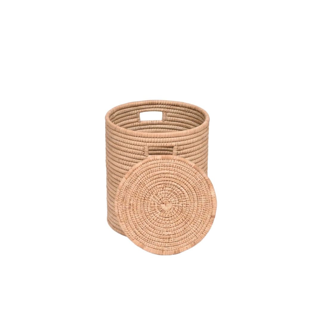 100% Handwoven Natural Rattan 15" Round Basket with Lid & Handles, Boho Farmhouse Decorative Laundry & Storage Organizer, Handcrafted – Authentic African Craftsmanship, Baskets - Palace Imports