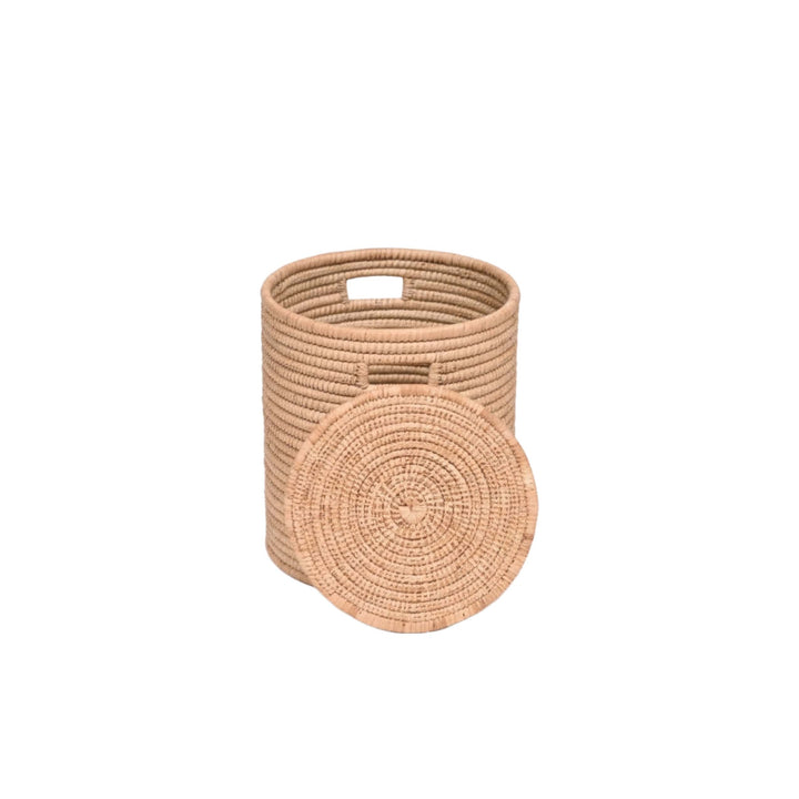 100% Handwoven Natural Rattan 15" Round Basket with Lid & Handles, Boho Farmhouse Decorative Laundry & Storage Organizer, Handcrafted – Authentic African Craftsmanship, Baskets - Palace Imports