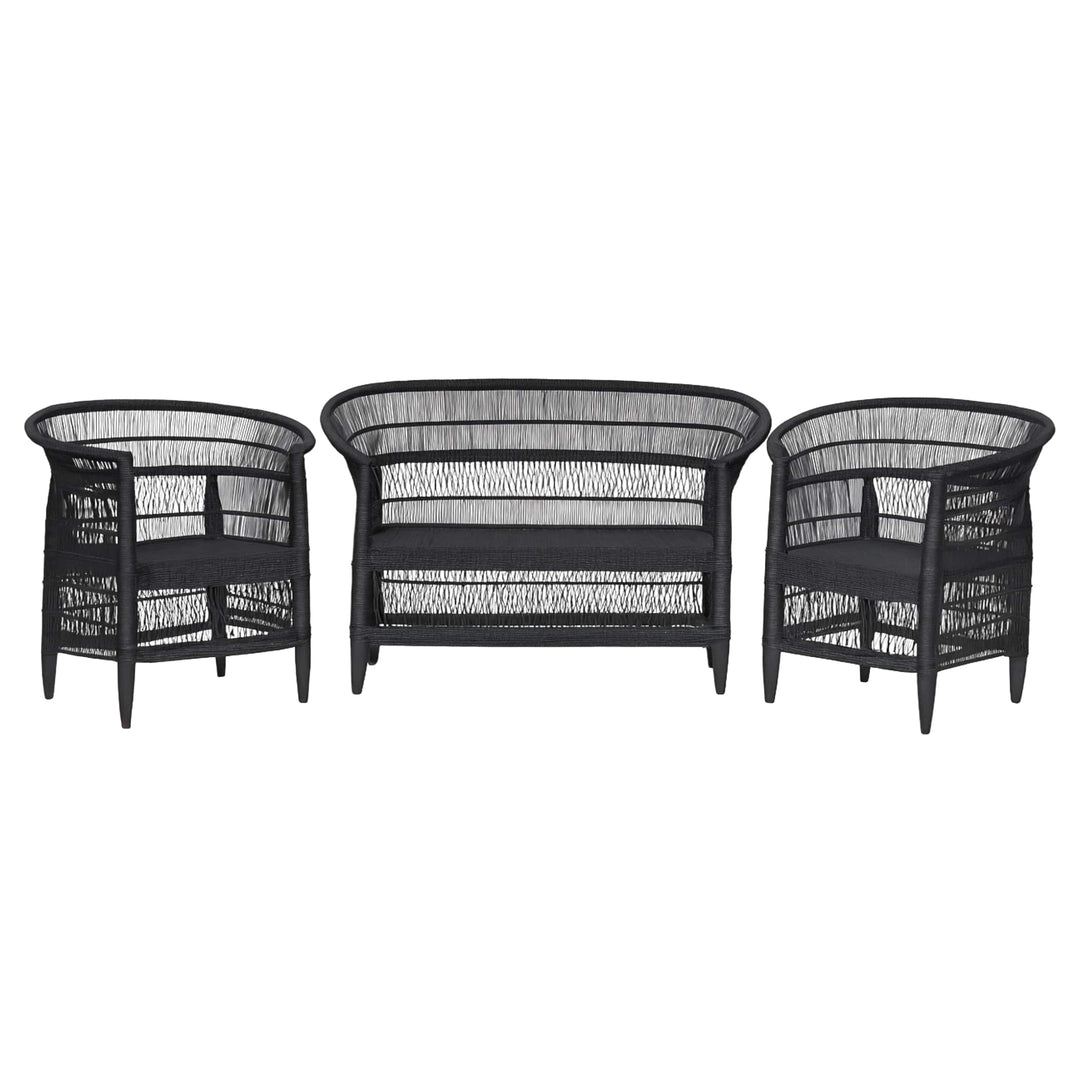 100% Handwoven Natural Rattan 3-Piece Indoor Seating Set with 2 Chairs and Loveseat, Solid Wood Frame, Boho Farmhouse, Authentic African Craftsmanship