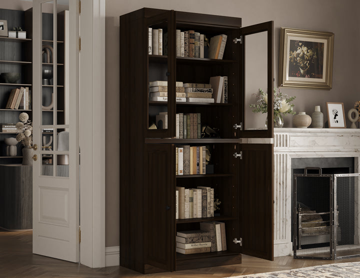 100% Solid Wood Freestanding Tall Modular 6-Shelf Bookcase Cabinet with Glass Top & Shaker Bottom Doors, Adjustable Shelves, Display Storage Bookshelf, 32" W x 71.5" H