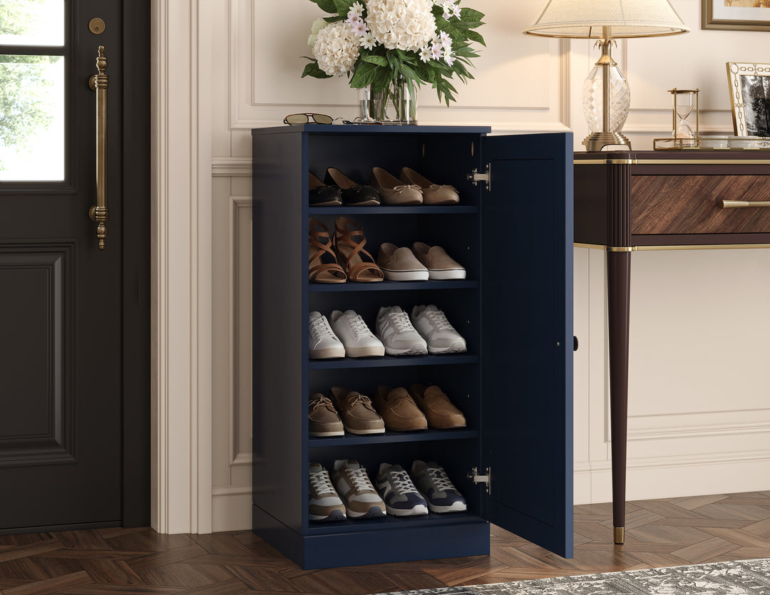 100% Solid Wood Narrow Shoe Storage Cabinet with Raised Panel Door, Adjustable Shelves, Space Saving Stackable Organizer, 16.5" W x 35.75" H