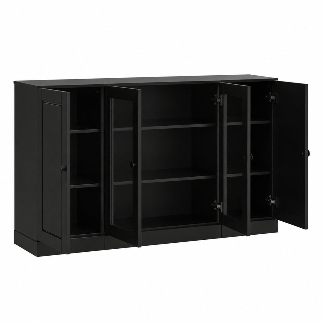 100% Solid Wood TV Stand with Raised Panel, Clear Glass Doors and Adjustable Shelves for TVs up to 65"