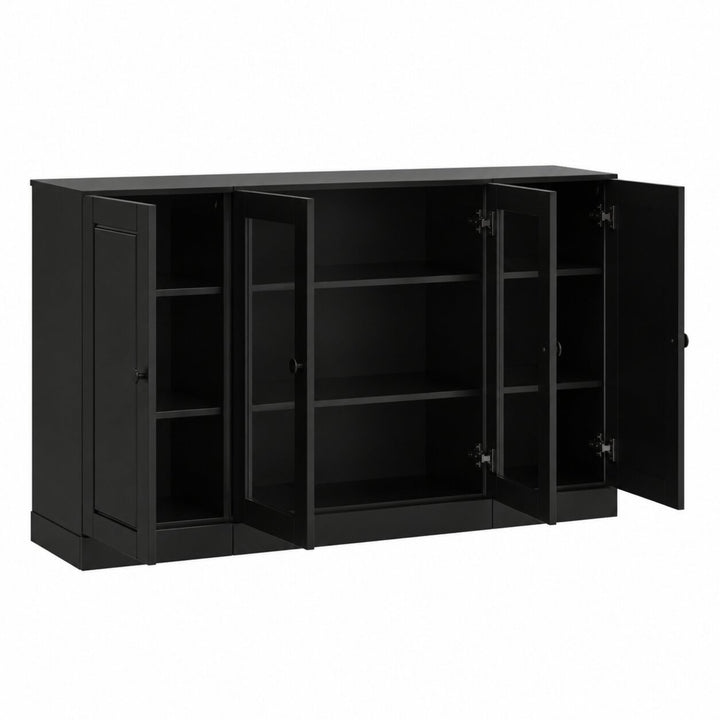 100% Solid Wood TV Stand with Raised Panel, Clear Glass Doors and Adjustable Shelves for TVs up to 65"