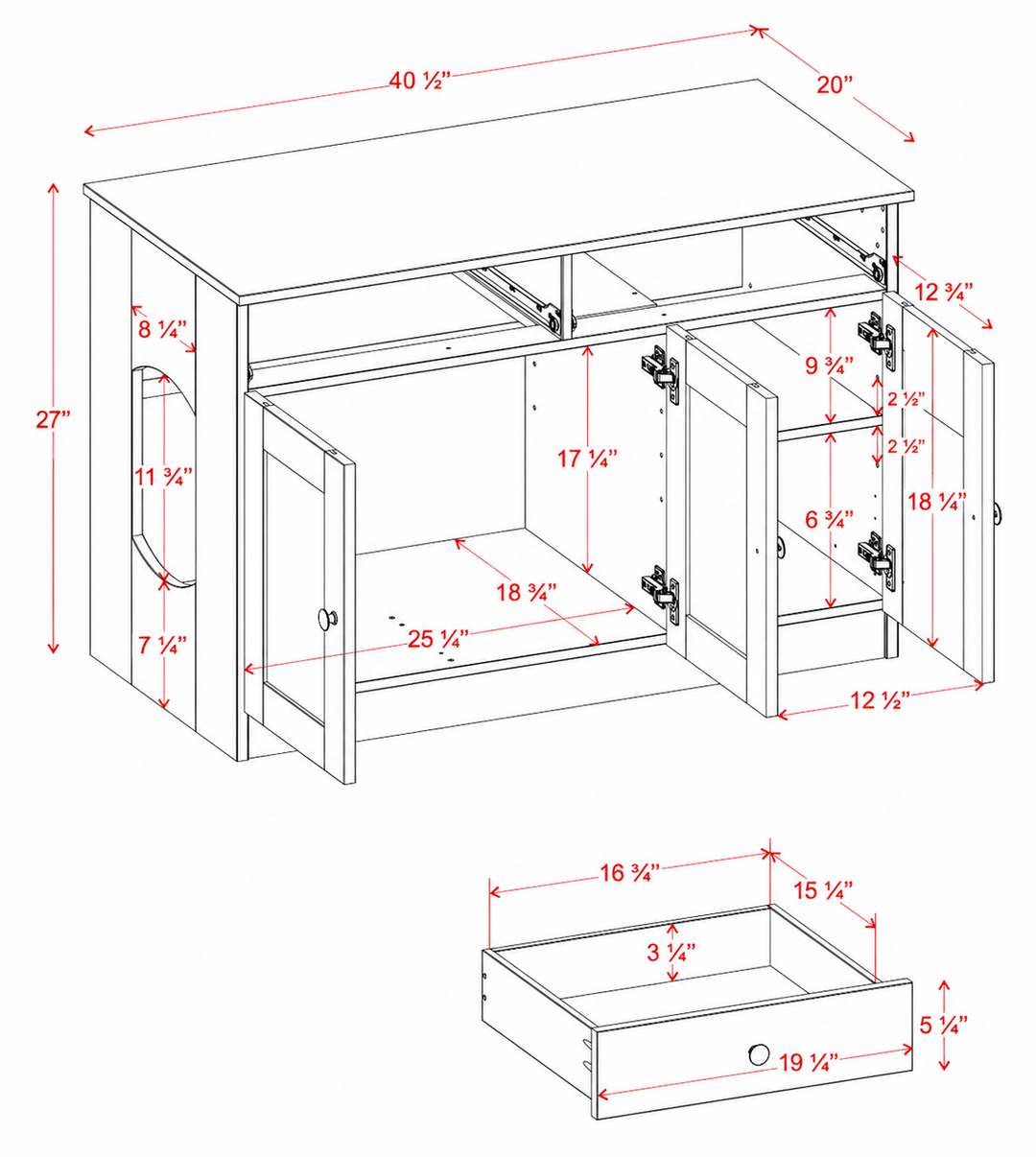 100% Solid Wood Ziva 3-Door Cat Litter Box Enclosure