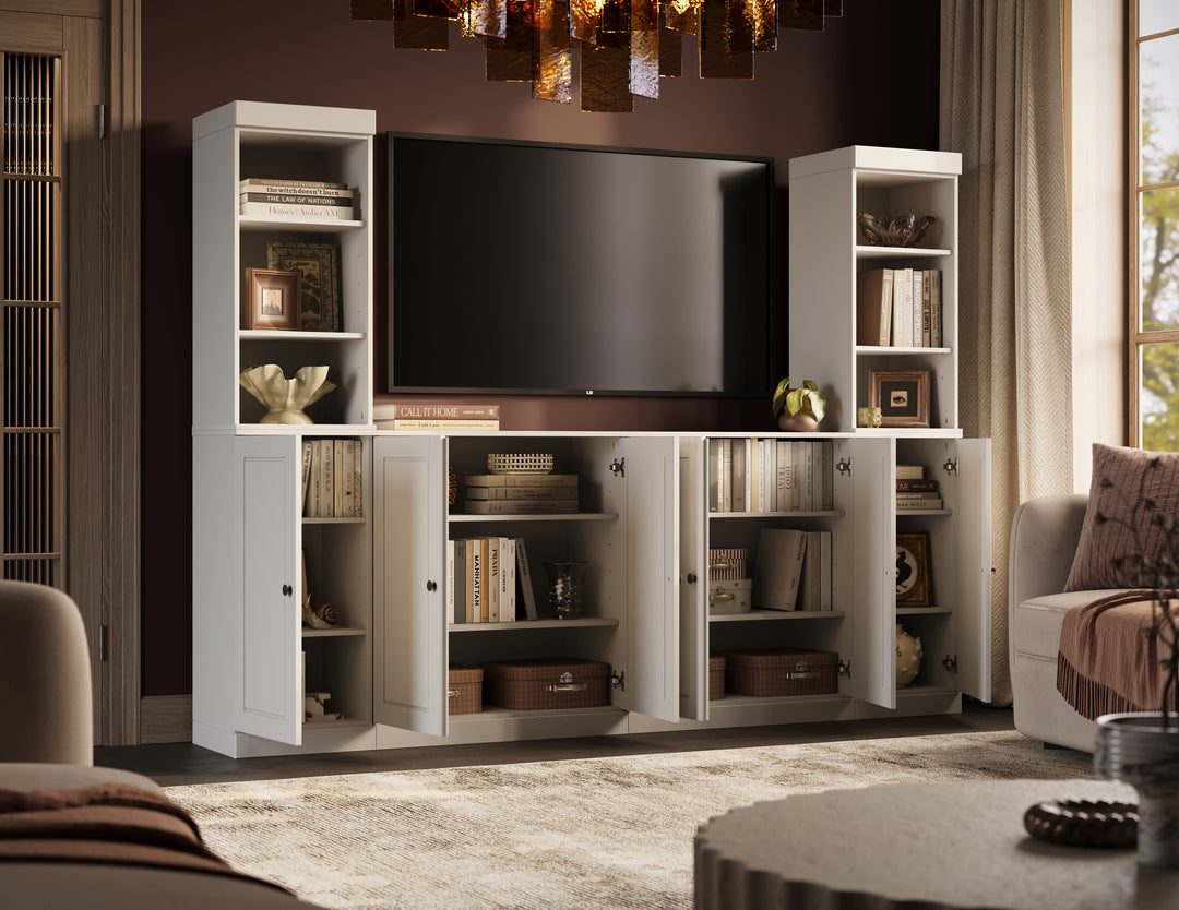 100% Solid Wood 6-Piece Entertainment Center Wall Unit with Storage, Open Cabinets & Raised Panel Doors, Adjustable Shelves, 97" W x 71.5" H