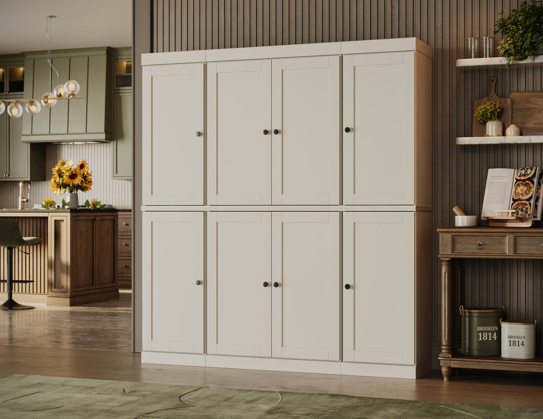 100% Solid Brazilian Pine Wood Pantry Cabinet, Shaker Doors, 2 Drawers, Adjustable Shelves, 65" Wide, 71.5" Tall