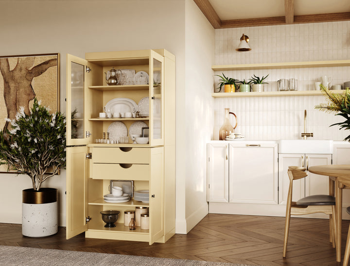 100% Solid Wood 32" Pantry Cabinet, 2 Clear Glass, 2 Shaker Doors, 2-Drawers