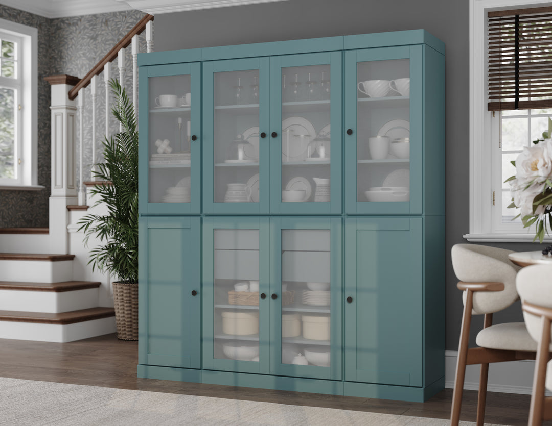 100% Solid Brazilian Pine Wood 65" Pantry Cabinet with Frosted Glass, Shaker Doors, 2-Drawers and Adjustable Shelves