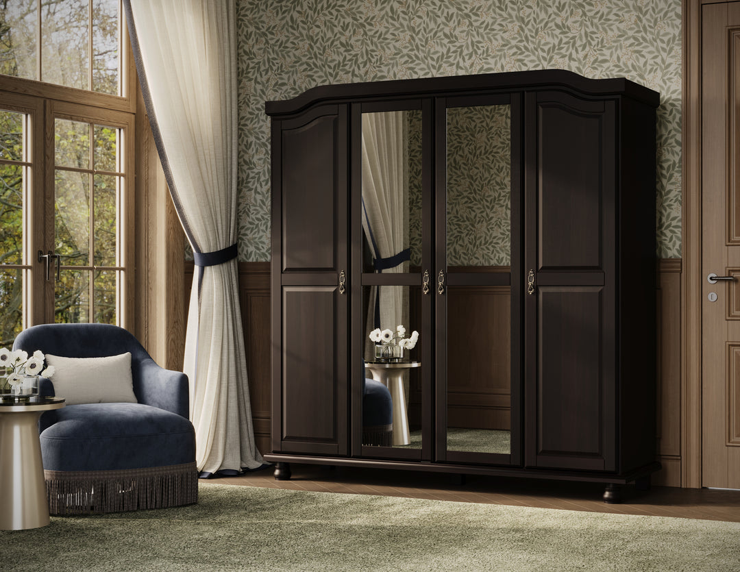 100% Solid Wood 4-Door Wardrobe Armoire with Mirrored Doors, Bedroom Closet Storage - Kyle Collection