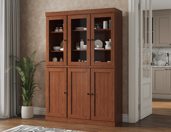 100% Solid Brazilian Pine Wood Pantry China Cabinet, Shaker & Clear Glass Doors, Adjustable Shelves, 48.5" Wide, 71.5" Tall