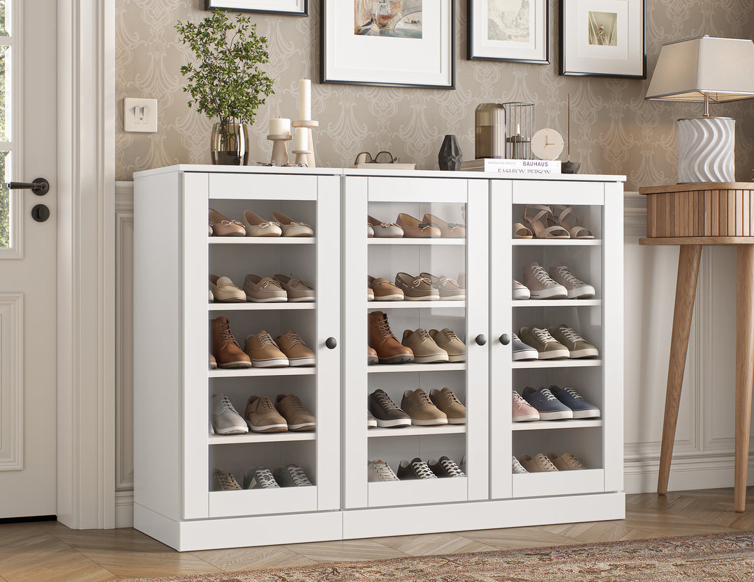 100% Solid Wood Glass Door Shoe Storage Cabinet, Adjustable Shelves, Space Saving Modular Entryway Organizer, 48.5" W x 35.75" H