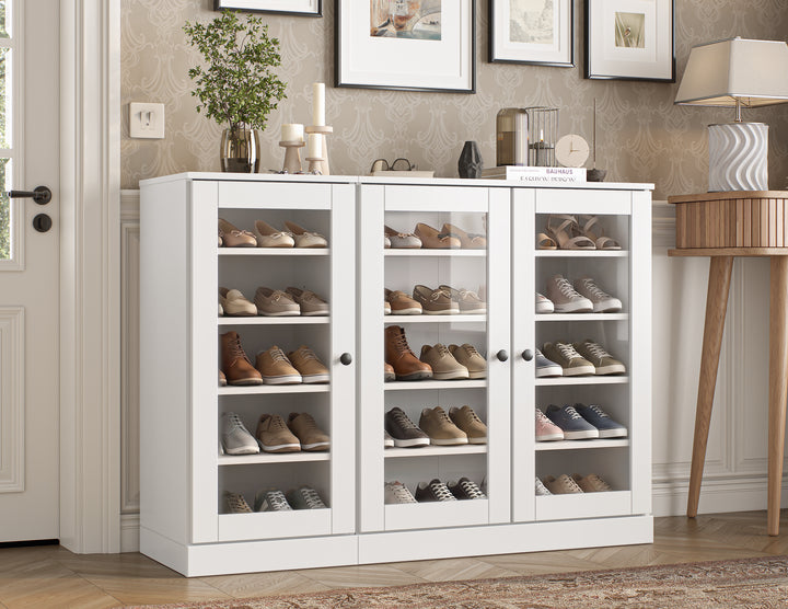 100% Solid Wood Glass Door Shoe Storage Cabinet, Adjustable Shelves, Space Saving Modular Entryway Organizer, 48.5" W x 35.75" H