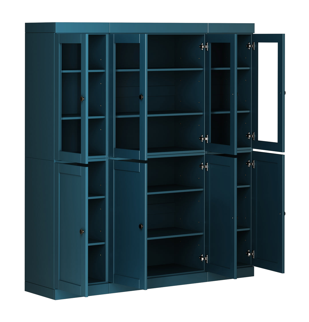 100% Solid Wood 65" China Pantry Cabinet, 4 Clear Glass, 4 Shaker Wood Doors