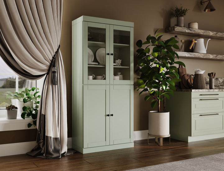 100% Solid Wood 32" Pantry Cabinet, 2 Clear Glass, 2 Shaker Doors, 2-Drawers