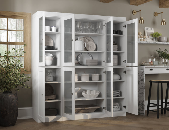 100% Solid Brazilian Pine Wood 65" Pantry Cabinet with Frosted Glass, Shaker Doors and Adjustable Shelves