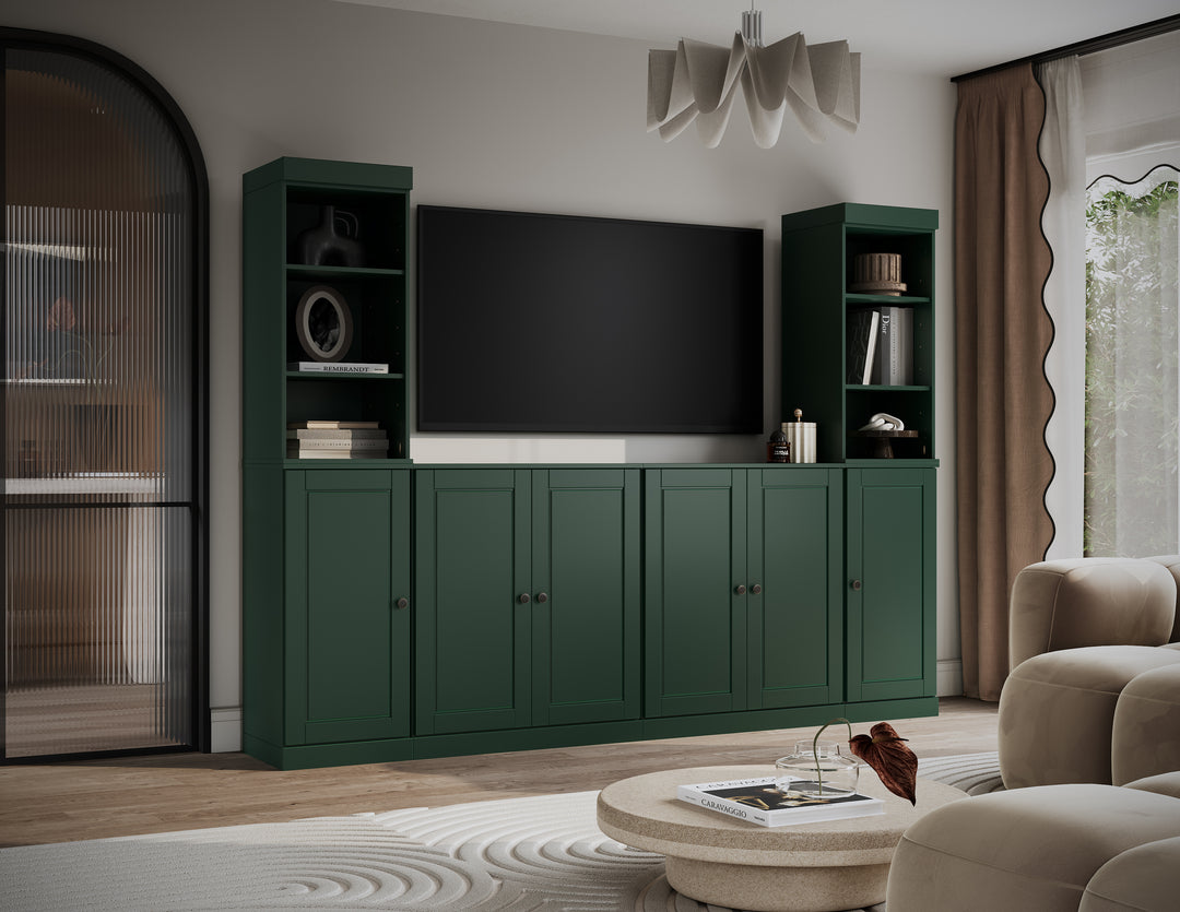 100% Solid Wood 6-Piece Entertainment Center Wall Unit with Storage, Open Cabinets & Raised Panel Doors, Adjustable Shelves, 97" W x 71.5" H