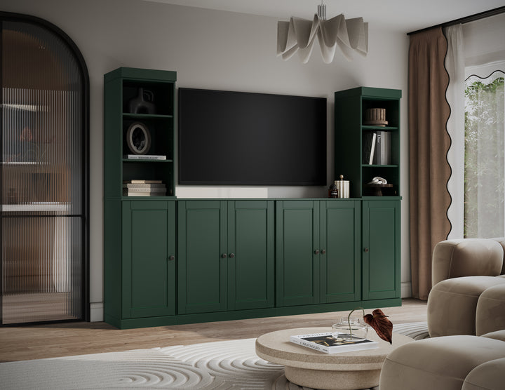 100% Solid Wood 6-Piece Entertainment Center Wall Unit with Storage, Open Cabinets & Raised Panel Doors, Adjustable Shelves, 97" W x 71.5" H