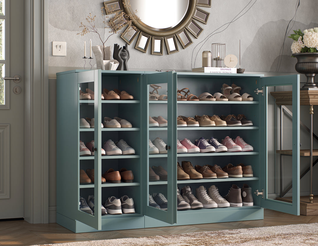 100% Solid Wood Glass Door Shoe Storage Cabinet, Adjustable Shelves, Space Saving Modular Entryway Organizer, 48.5" W x 35.75" H