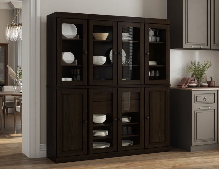 100% Solid Wood Kitchen Pantry Cabinet, Tall Freestanding Modular Storage with Glass Doors & 2 Drawers, Adjustable Shelves, 65" W x 71.5" H