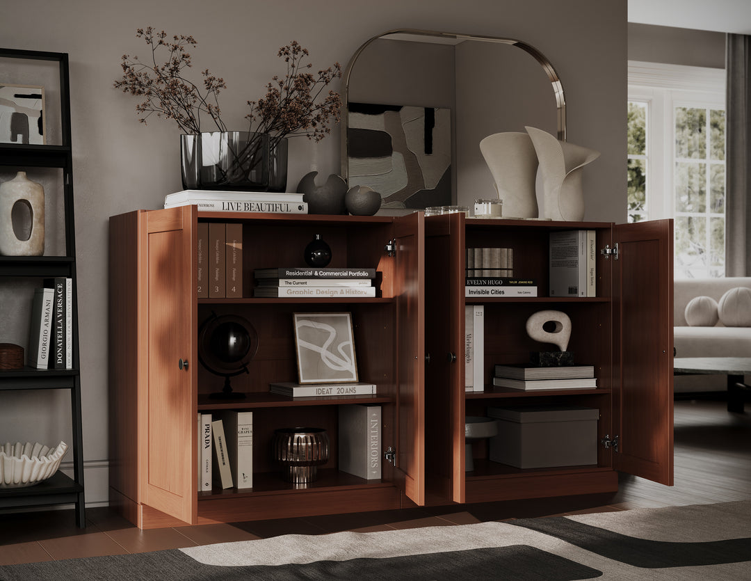 100% Solid Brazilian Pine Wood Sideboard, Shaker Doors, Adjustable Shelves, 64" Wide, 35.75" Tall