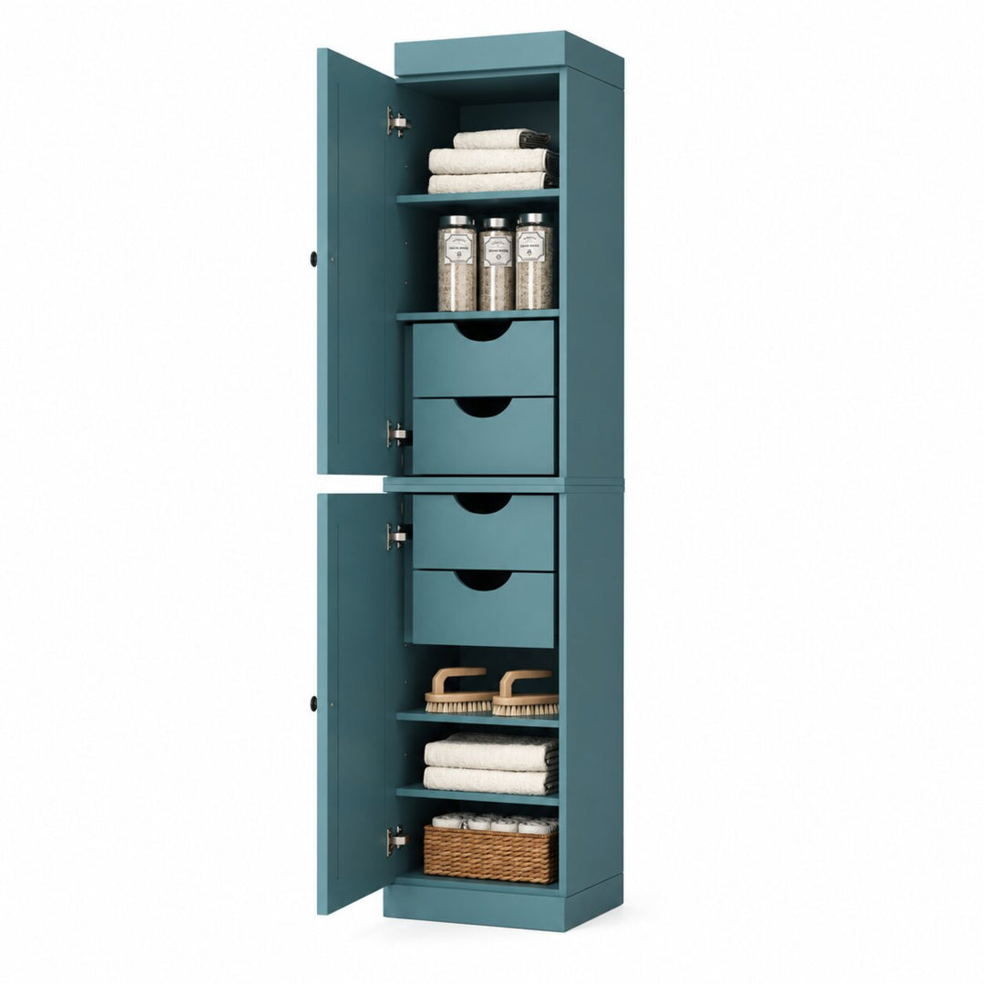100% Solid Wood Bathroom Storage Cabinet, Shaker Doors, 4 Drawers, Adjustable Shelves, 16.5" Wide, 71.5" Tall