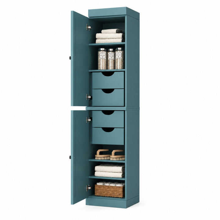 100% Solid Wood Bathroom Storage Cabinet, Shaker Doors, 4 Drawers, Adjustable Shelves, 16.5" Wide, 71.5" Tall