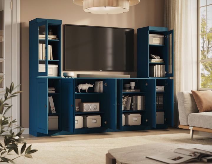 100% Solid Wood 6-Piece Entertainment Center Wall Unit with Storage, Glass & Raised Panel Doors, Adjustable Shelves, 97" W x 71.5" H