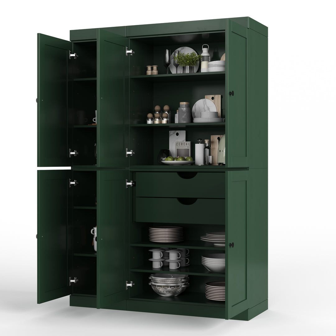 100% Solid Wood 48.5" Pantry Cabinet, Shaker Wood Doors, 2-Drawers