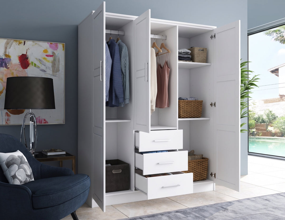 100% Solid Wood 3-Door Wardrobe Armoire with Raised Panel Doors, Bedroom Closet Storage - Cosmo Collection