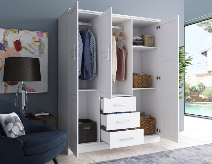 100% Solid Wood 3-Door Wardrobe Armoire with Raised Panel Doors, Bedroom Closet Storage - Cosmo Collection