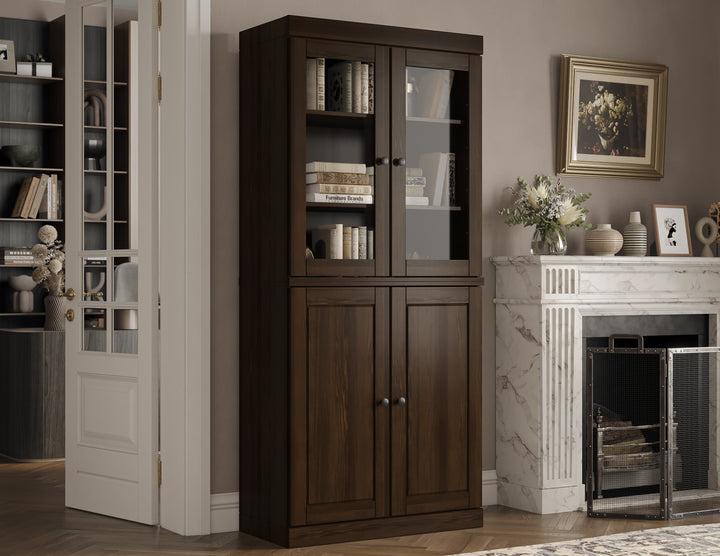 100% Solid Wood Freestanding Tall Modular 6-Shelf Bookcase Cabinet with Glass Top & Raised Panel Bottom Doors, Adjustable Shelves, Display Storage Bookshelf, 32" W x 71.5" H