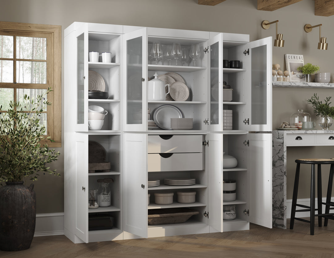 White 65" Solid Wood Kitchen Pantry Cabinet with Frosted Glass & Shaker Doors & 2 Drawers
