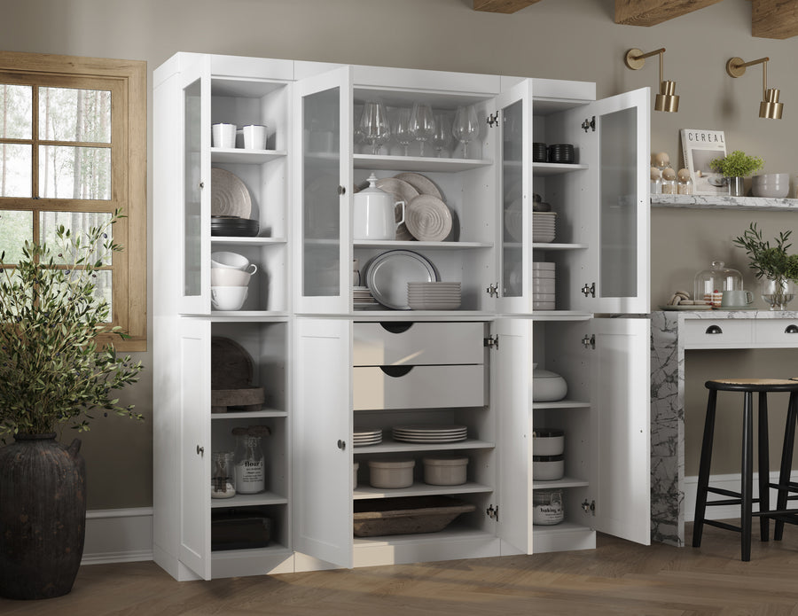 White 65" Solid Wood Kitchen Pantry Cabinet with Frosted Glass & Shaker Doors & 2 Drawers