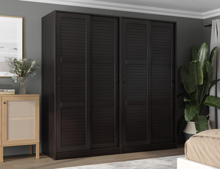 100% Solid Brazilian Pine Wood 4-Sliding Wardrobe with Louvered Doors, 70-110” Wardrobes - Palace Imports