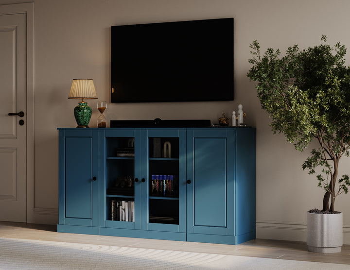 100% Solid Wood TV Stand for TVs up to 65" with Clear Glass, Raised Panel Doors, Adjustable Shelves