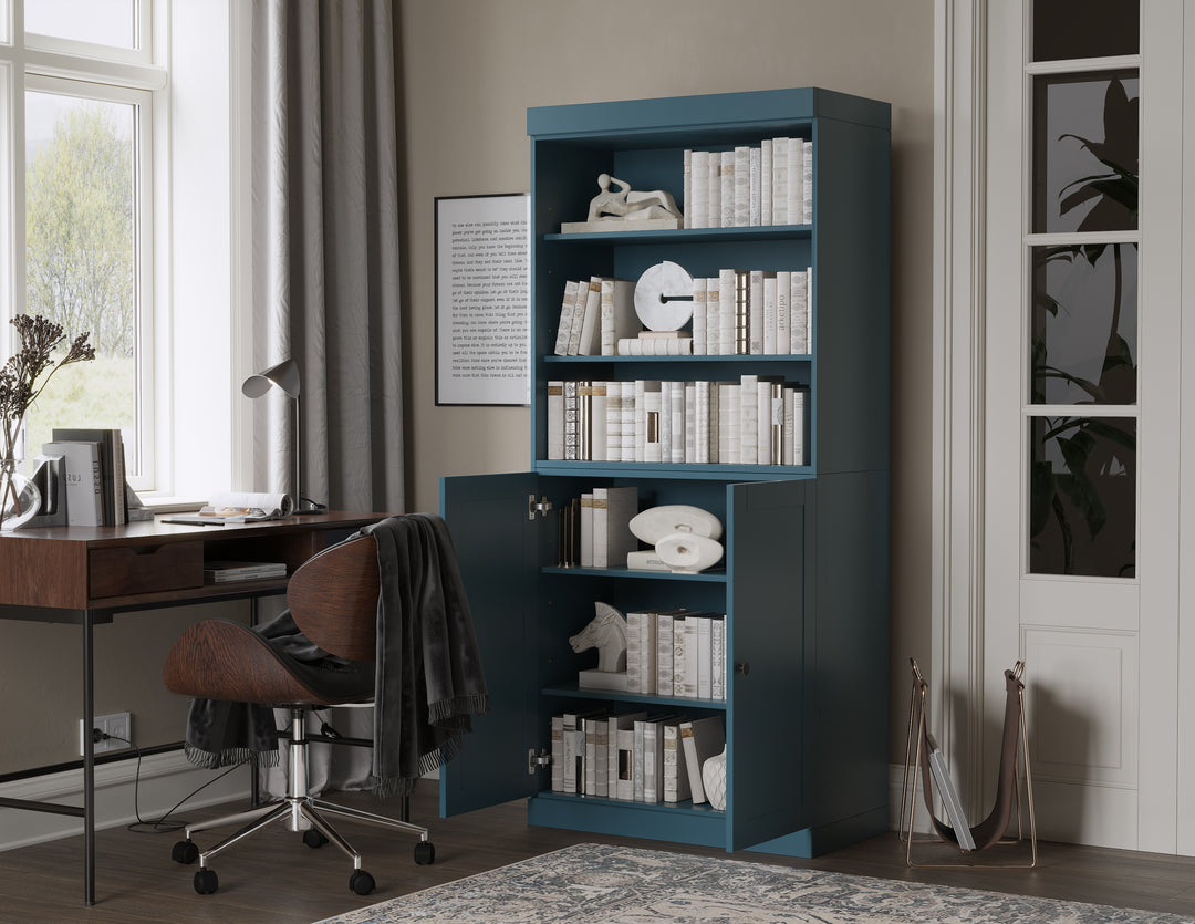 100% Solid Wood 6-Shelf 32" Bookcase Cabinet, 2 Solid Shaker Wood Doors, Adjustable Shelves