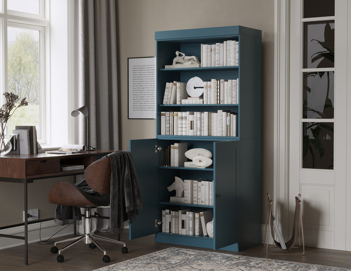 100% Solid Wood 6-Shelf 32" Bookcase Cabinet, 2 Solid Shaker Wood Doors, Adjustable Shelves