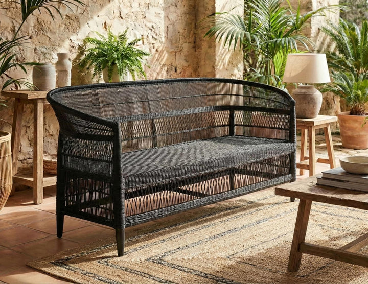 100% Handwoven Natural Rattan 3-Seater Indoor Settee with Solid Wood Frame, Boho Coastal Farmhouse Accent Seating – Authentic African Craftsmanship