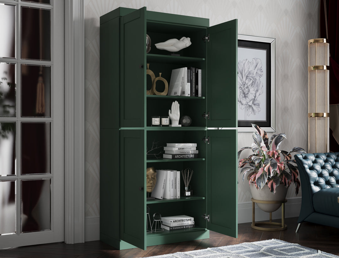 100% Solid Wood 6-Shelf 32" Bookcase, Shaker Wood Doors, Adjustable Shelves