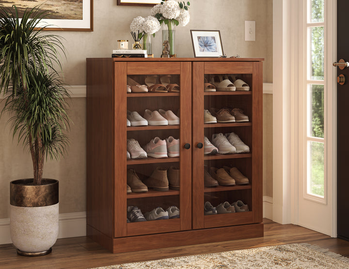 100% Solid Wood Glass Door Shoe Storage Cabinet with Adjustable Shelves, Space Saving Stackable Entryway Organizer, 32" W x 35.75" H