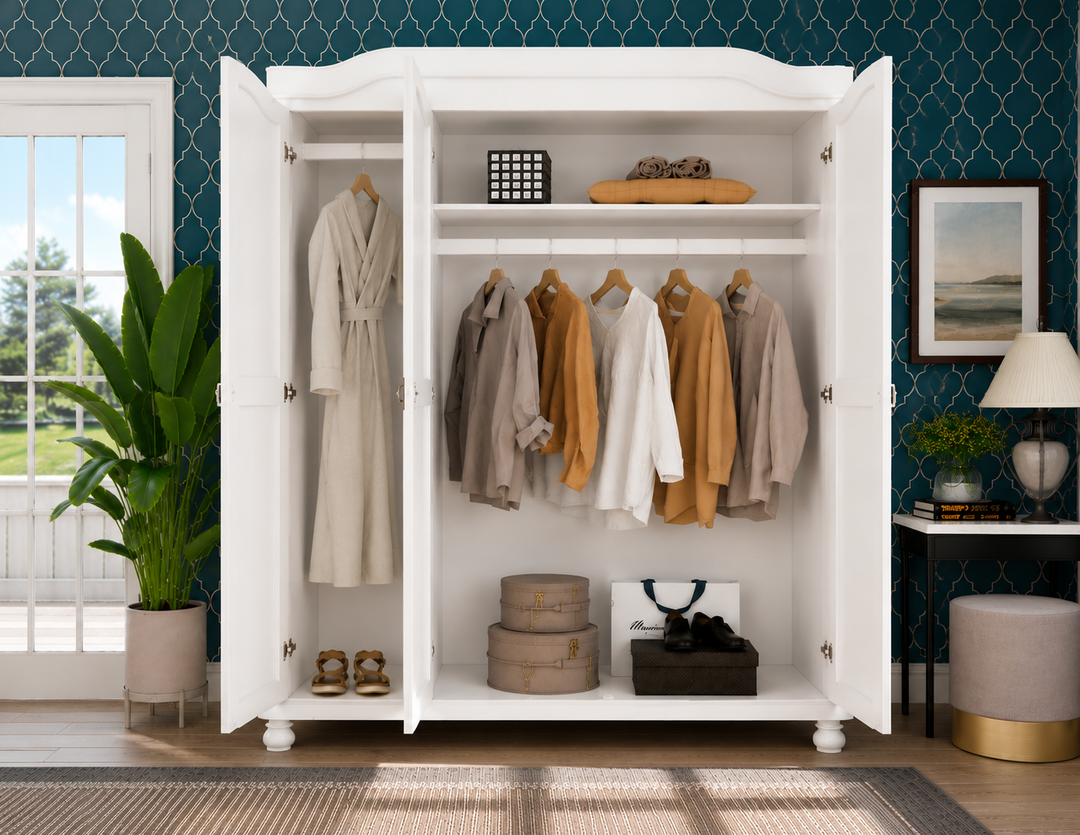 100% Solid Wood 3-Door Wardrobe Armoire with Raised Panel Doors, Bedroom Closet Storage - Kyle Collection