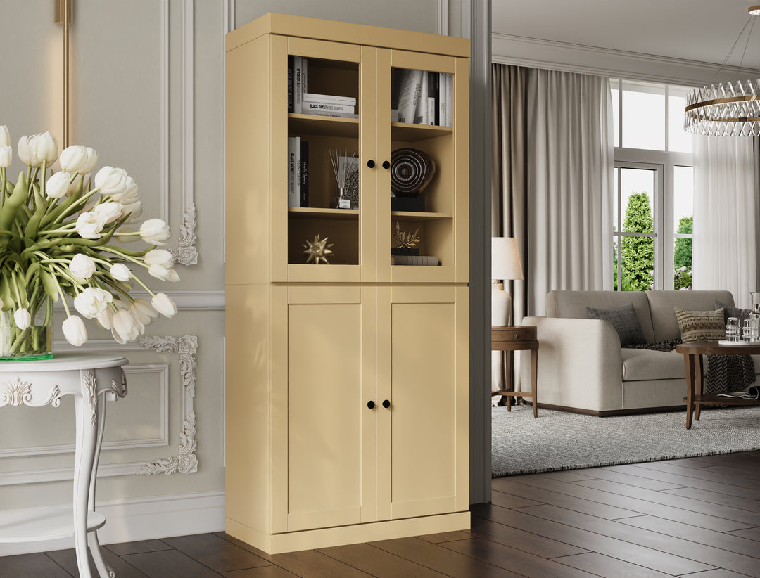 100% Solid Wood 6-Shelf 32" Bookcase, 2 Glass Doors, 2 Shaker Wood Doors, Adjustable Shelves