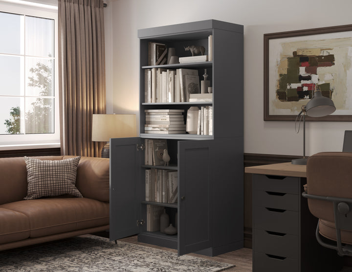 100% Solid Wood 6-Shelf 32" Bookcase Cabinet, 2 Solid Shaker Wood Doors, Adjustable Shelves