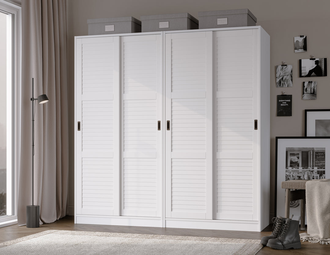 100% Solid Brazilian Pine Wood 4-Sliding Wardrobe with Louvered Doors, 70-110” Wardrobes - Palace Imports
