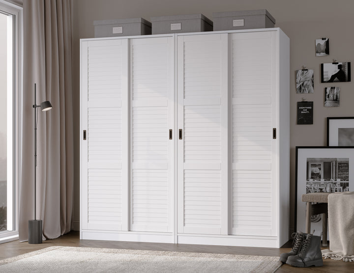 100% Solid Brazilian Pine Wood 4-Sliding Wardrobe with Louvered Doors, 70-110” Wardrobes - Palace Imports