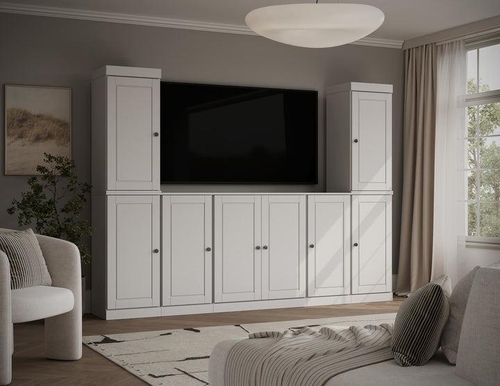 100% Solid Wood 7-Piece Entertainment Center Wall Unit with Storage, Raised Panel Doors, Adjustable Shelves, 98" W x 71.5" H