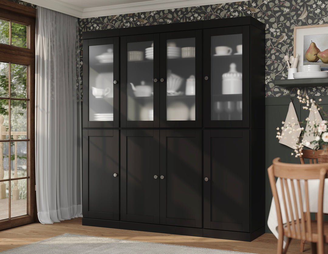 Black 100% Solid Wood Kitchen Pantry Cabinet, Tall Freestanding Modular Storage with Frosted Glass & Shaker Doors, Adjustable Shelves, 65" W x 71.5" H